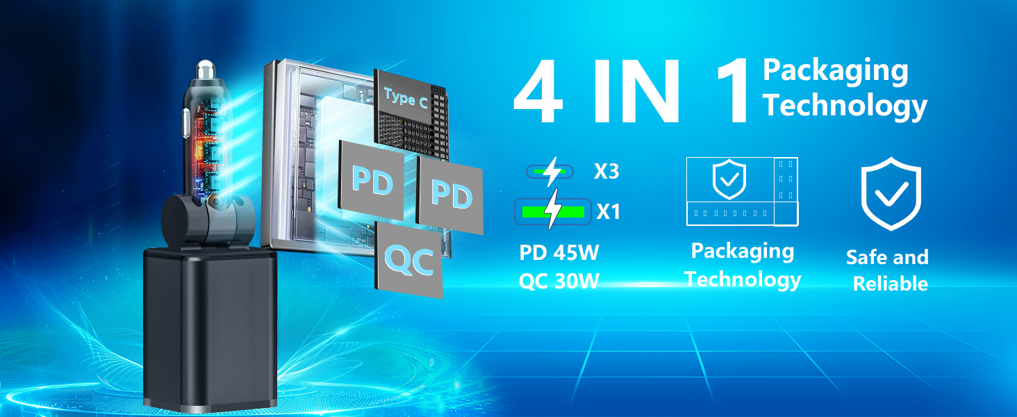 MFi Certified 4 in 1 Retractable Car Charger 120W USB C Car Charger Cigarette Lighter Adapter