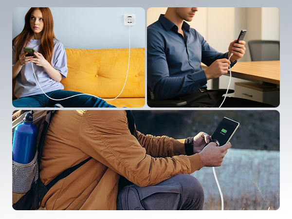 Collage of three images showing people using mobile devices while charging, featuring yellow furniture and casual indoor settings.
