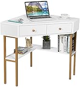 Tangkula White Corner Desk with 2 Drawers, 90 Degrees Triangle Corner Computer Desk for Small Spa...