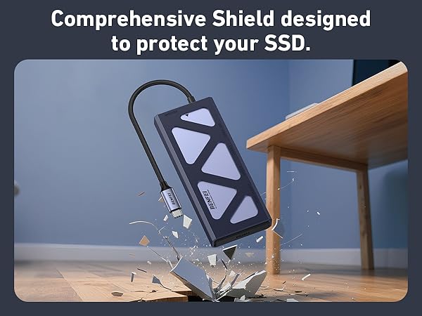 Text reads 'Comprehensive Shield designed to protect your SSD.' Sequence showing protective case withstanding impact demonstration.