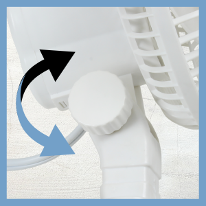 Comfort Zone clip fan has an adjustable tilt knob to change the vertical air flow direction