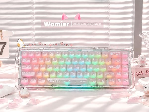Clear Jelly Keycaps, Pink Cat Shine Through Keycaps Thick PC+ABS Crystal Translucent Keycaps