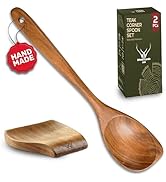 Corner Wooden Spoon for Cooking 12” Long Handle - Wooden Cooking Spoons with rest, Wooden Kitchen...