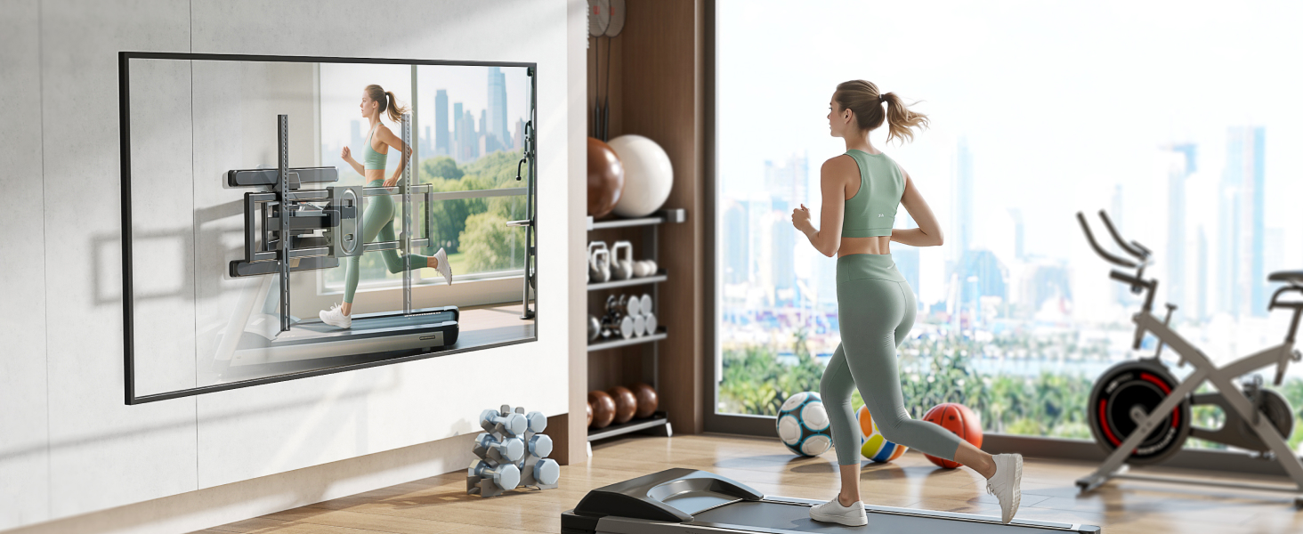 Home gym setup with mirror-mounted display, exercise equipment, and a person running on a treadmill facing a city view.
