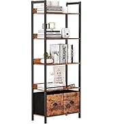 Furologee 5-Tier Bookshelf, Tall Bookcase with 2 Storage Drawers, Industrial Display Standing She...