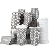 [100 Sets] 16 oz Paper Coffee Cups, Disposable Coffee Cups with Lids, Sleeves and Straws, Hot Col...