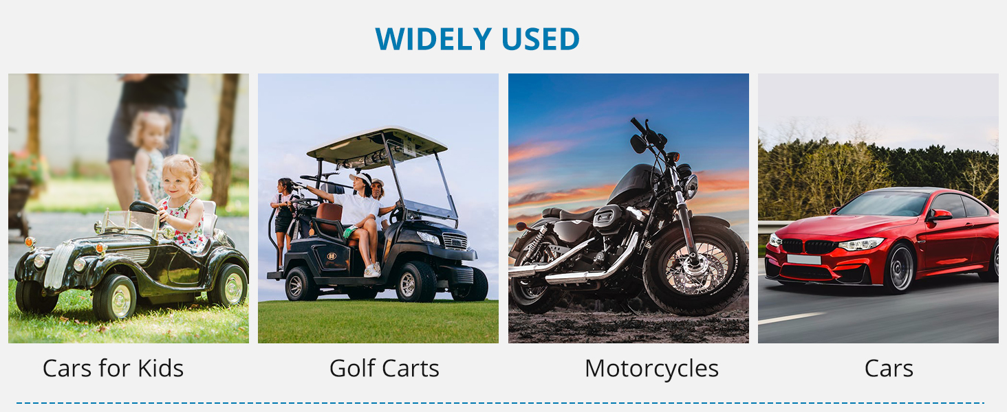 Collage of four vehicle types labeled 'Widely Used': toy car for children, golf cart, motorcycle, and red sports car.