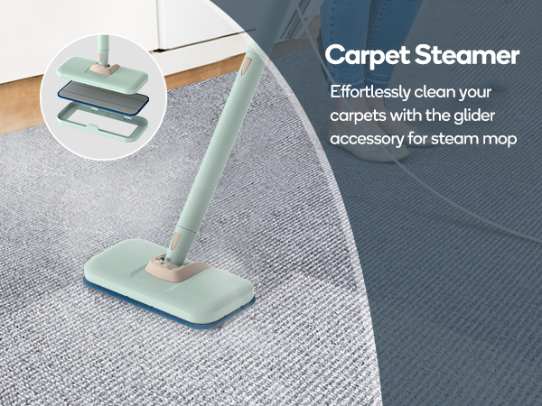 Mint green carpet steamer mop with rectangular cleaning pad head, shown cleaning grey carpet with product description text.