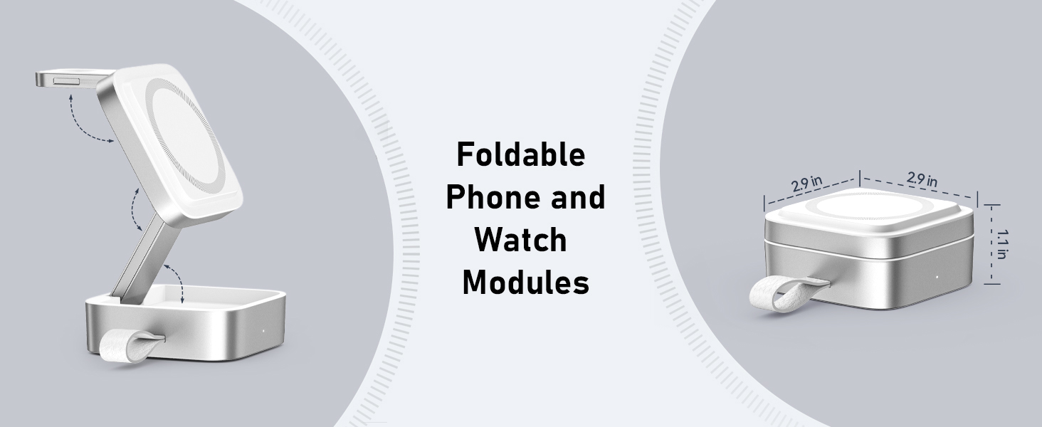 Text reads 'Foldable Phone and Watch Modules'. White foldable device organizer with separate compartments for phone and watch storage, shown closed and open configurations.