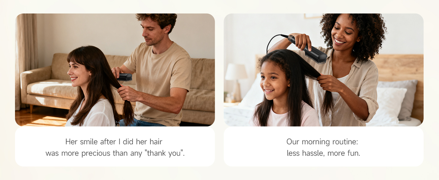 mother and daughter enjoying a quick, easy morning hair routine with FLYZEMAA straightening brush