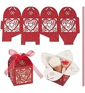 Craftdady 10Pcs Red Love Heart Flower Wedding Candy Boxes with Ribbon Laser Cut Paper Hollow Out ...