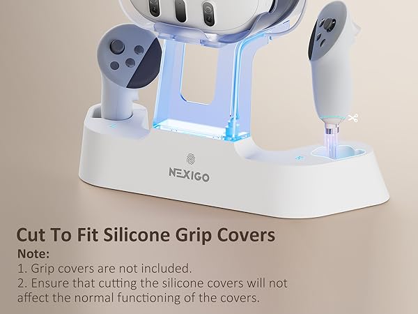 The charging dock is compatible with a grip cover.