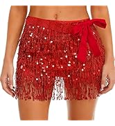 Women’s Sequin Fringe Mini Skirt, Sparkly Tassel Hip Scarf Wrap for Rave Outfits