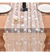 Joanlody White Spring Summer Table Runner 10ft Embroidery Floral Wildflowers Seasonal Rustic Gauz...