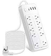 Asamoom 20 FT 14-in-1 Power Strips with Surge Protection 1700J, 10 Outlets with 4 USB Ports (1 US...