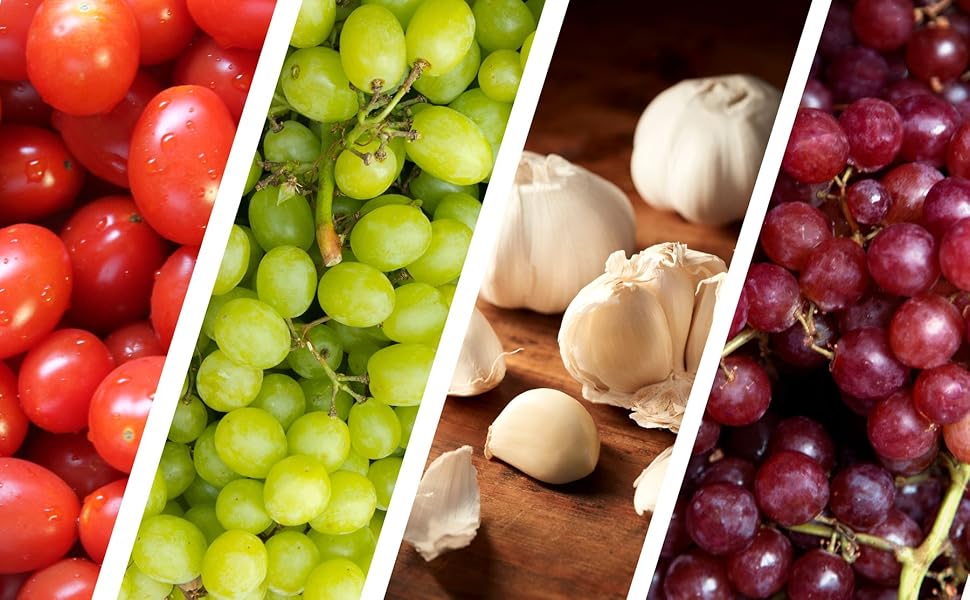 Peels grapes, garlic and tomatoes