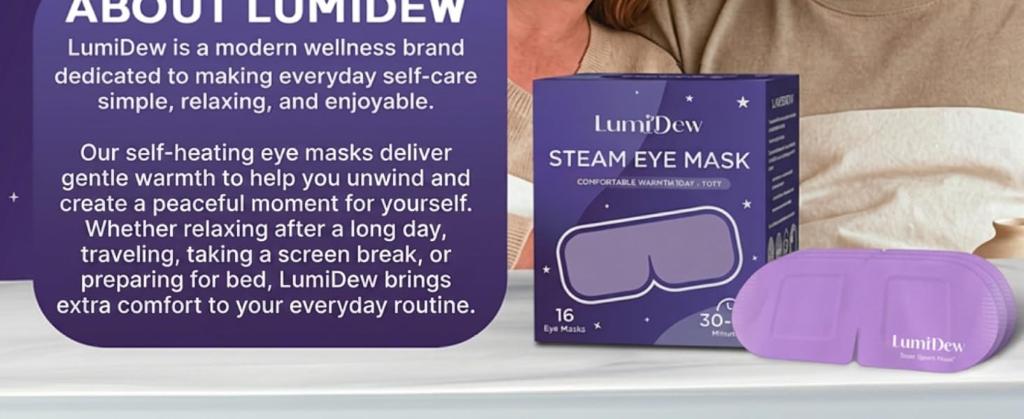 LumiDew self-heating eye mask worn by a smiling man and woman relaxing together.