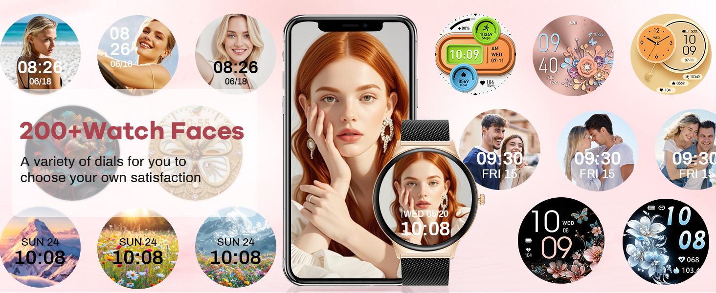 Collection of smartwatch face designs featuring various styles, from minimalist digital displays to analog-style faces with different colors and complications.