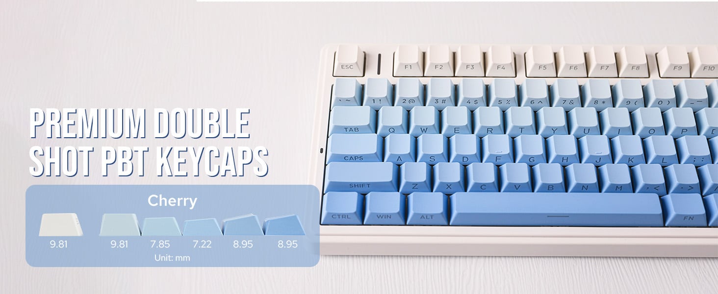 Mechanical keyboard with blue and white keycaps. Text overlay indicates 'Premium Double Shot PBT Keycaps' in Cherry profile with various key sizes shown.