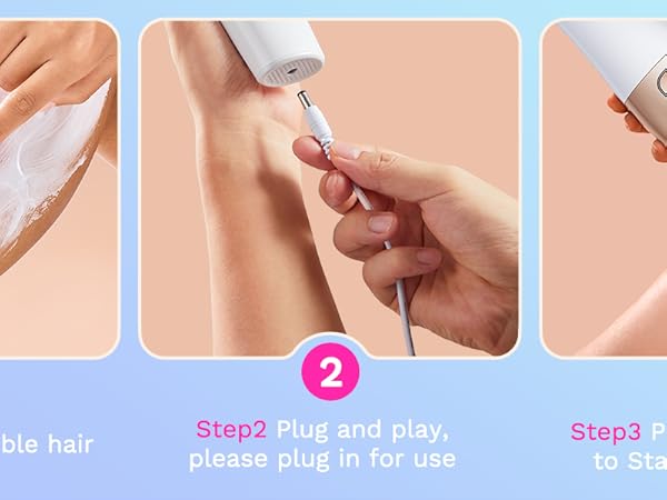 Three-step hair removal product demonstration showing application, placement, and removal process on skin.