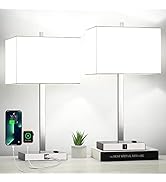 21" Set of 2 Touch Control Table Lamps with 2 USB &amp; AC Outlets, 3-Way Dimmable Modern Nightstand ...