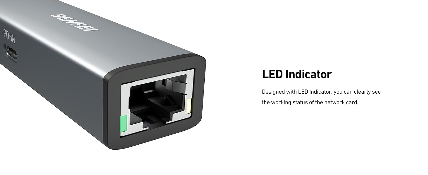 USB C to Ethernet + Power delivery, LED Indicator