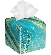 Leather Tissue Box Holder Turquoise and Gold Liquid Marble Tissue Box Cover Facial Paper Case Org...