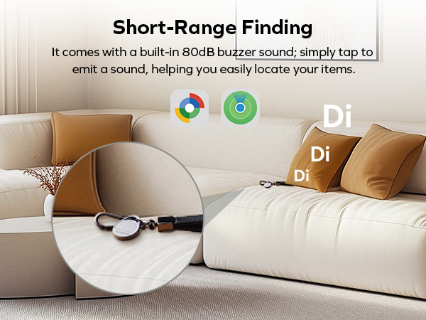 Text reads 'Short-Range Finding' and 'It comes with a built-in 80dB buzzer sound, simply tap to emit a sound, helping you easily locate your items.' Product images showing white circular tracking devices.