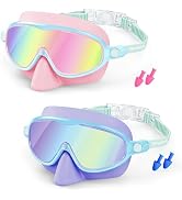 Vvinca 2 Pack Kids Swim Goggles with Nose Cover, Wide View Anti-Fog UV Protection Swimming Mask f...