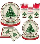 168 Pcs Christmas Paper Plates and Napkins Vintage Xmas Tree Disposable Dinnerware Set Christmas ...