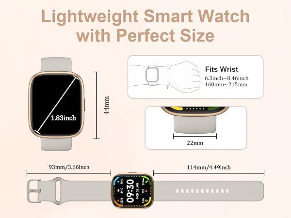 Text reads: 'Lightweight Smart Watch with Perfect Size', 'Fits Wrist 0.7inch~0.9inch (180mm~210mm)', '1.63inch', '95mm/1.66inch', '11.65mm/0.45inch', '22mm'. Black square smartwatch with specifications diagram showing dimensions and wrist size compatibility.