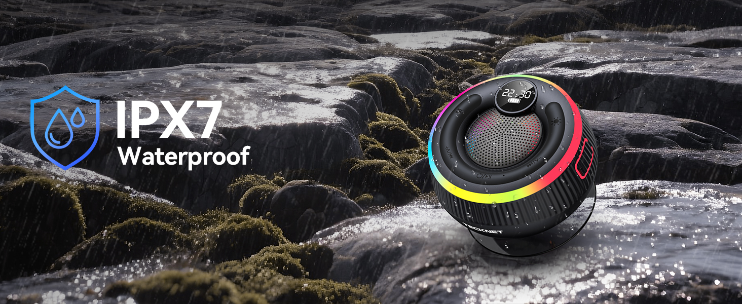 Text reads 'IPX7'. Dark product photography showing waterproof electronic device with glowing interface elements against wet background.