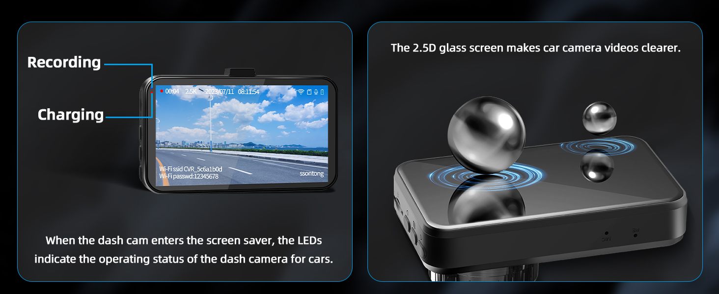Dual-panel dashboard camera display showing recording interface and lens features. Left shows active recording screen, right shows 2.5K glass lens detail.