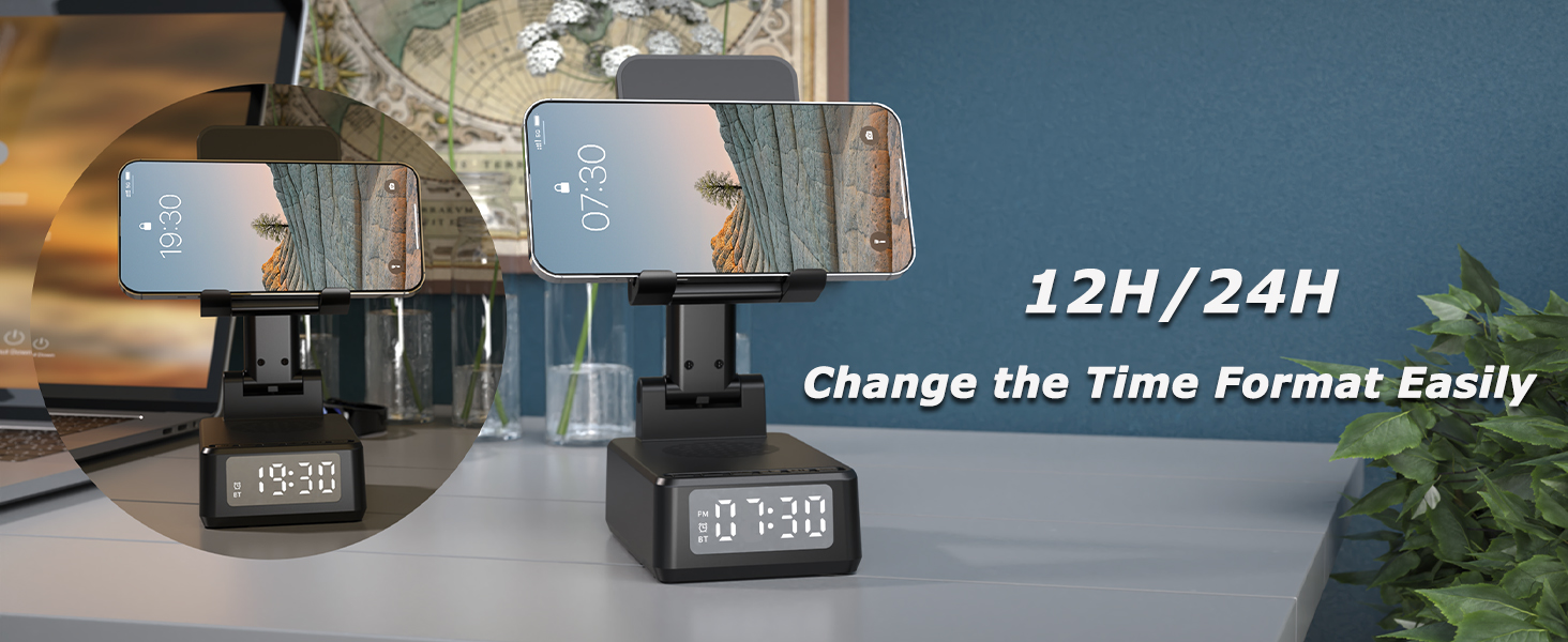 cellphone stand with digitalclock hasoptional 12/24 H time format to meet everyone