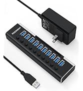Powered USB Hub, Rosonway Aluminum 10 Port USB 3.0 Data Hub with 36W (12V/3A) Power Adapter and I...