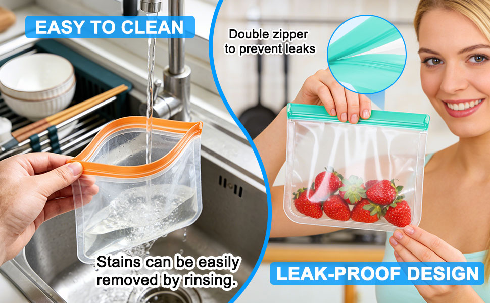 Reusable Freezer Bags Food Storage Bags Leakproof BPA Free Dishwasher