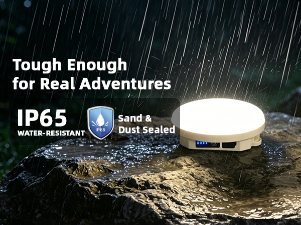 IP65 water-resistant dustproof camping lantern glowing on a wet rock in heavy rain