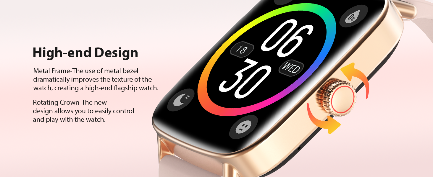 Rose gold smart watch for women with a metal frame and rotating crown for easy navigation