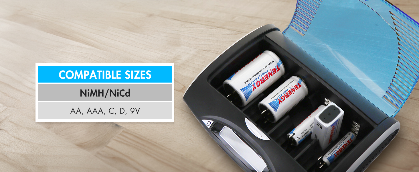 Compatible with AA, AAA, C, D, and 9V size batteries