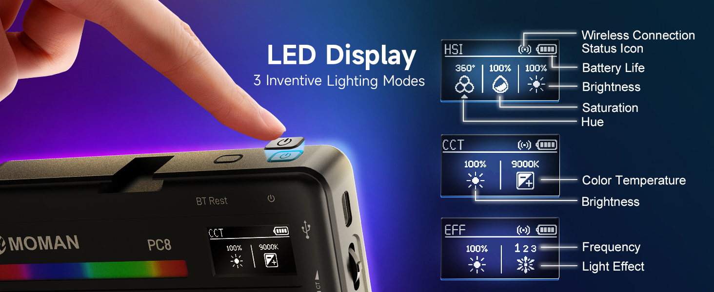 Close-up of LED display panel on electronic device, showing various lighting modes and settings including color temperature and brightness controls.