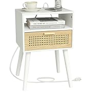 MaxSmeo Nightstand with Charging Station, Bedside Tables with Rattan Drawer, Mid Century Modern N...
