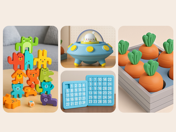 Series of images showing colorful plastic toy pieces, including cactus shapes and puzzle-like components, arranged in various configurations with a blue grid base.