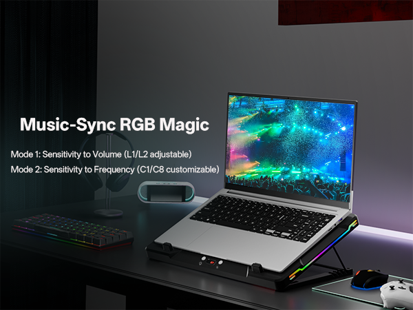 The laptop cooling pad&amp;#39;s RGB lights flash with music, showcasing its music-sync lighting effect