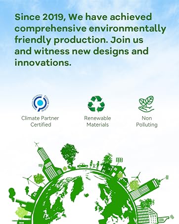 Text reads 'Since 2019, We have achieved comprehensive environmentally friendly production.' Green eco-friendly infographic with circular icons showing environmental certifications and sustainability initiatives.
