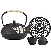 26 oz Japanese Cast Iron Teapot Cup Set Tea Kettle Maker Tetsubin with Infuser and Trivet, Black ...