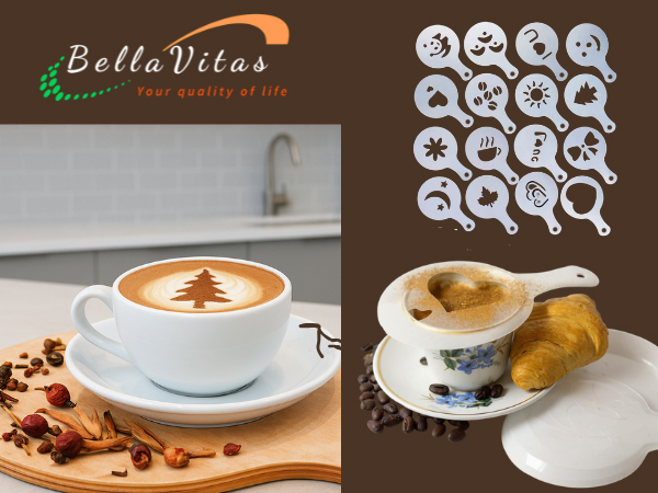 Latte with cocoa tree design, 16 white latte stencils, and a heart stencil sifter with croissant.