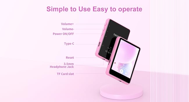 Pink electronic device with touchscreen display, shown on a circular stand. Features volume controls, power button, Type-C port, reset button, headphone jack, and TF card slot.