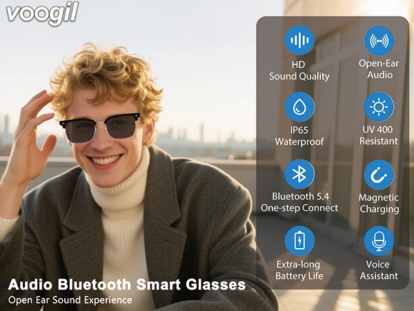 Text reads 'Voogil', 'Audio Bluetooth Smart Glasses'. Product features displayed with icons: HD Sound Quality, Waterproof, Bluetooth 5.0, Open-ear, Magnetic, Assistant.
