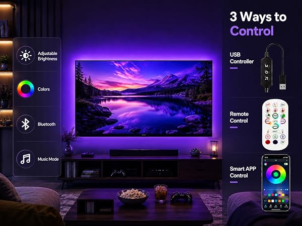 Control your TV lights 3 ways. Custom colors, music sync, and easy app/remote use.