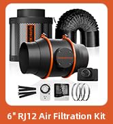Air filtration kit with black cylindrical filter, ducting, and accessories. Includes fan, clamps, and carbon filter. Orange and black color scheme.